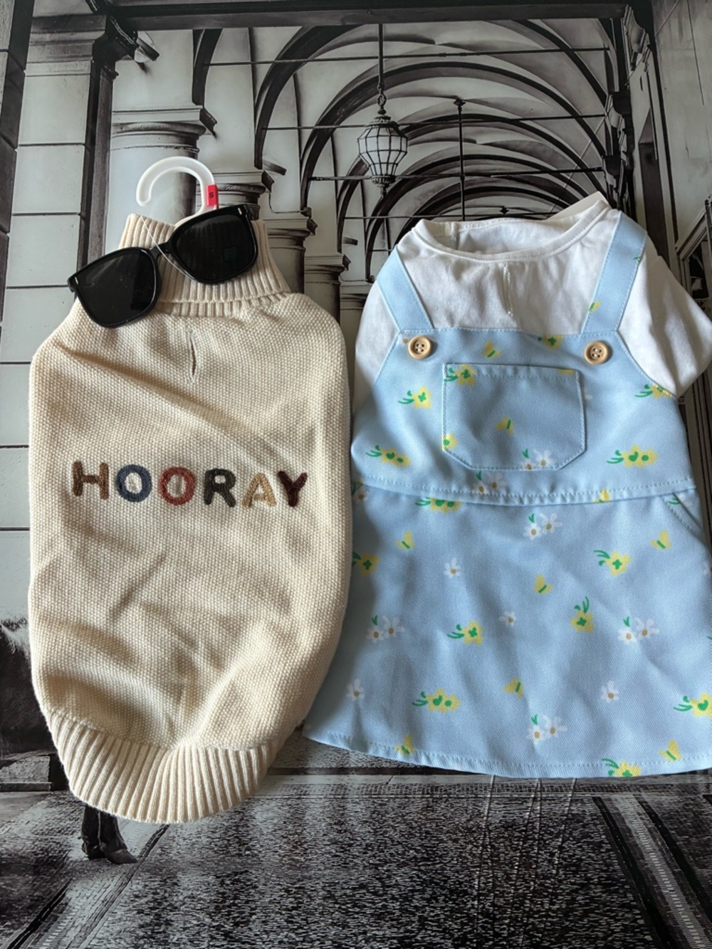 Cream 'HOORAY' Knit Pet Sweater + Light Blue Floral Pinafore Dress Set